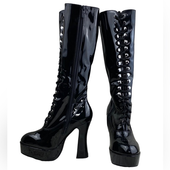 Ellie Shoes - Ellie Gina Blk Lace Knee High Faux Patent Leather Boots 4.75"Heel size 8 IMO 7.5